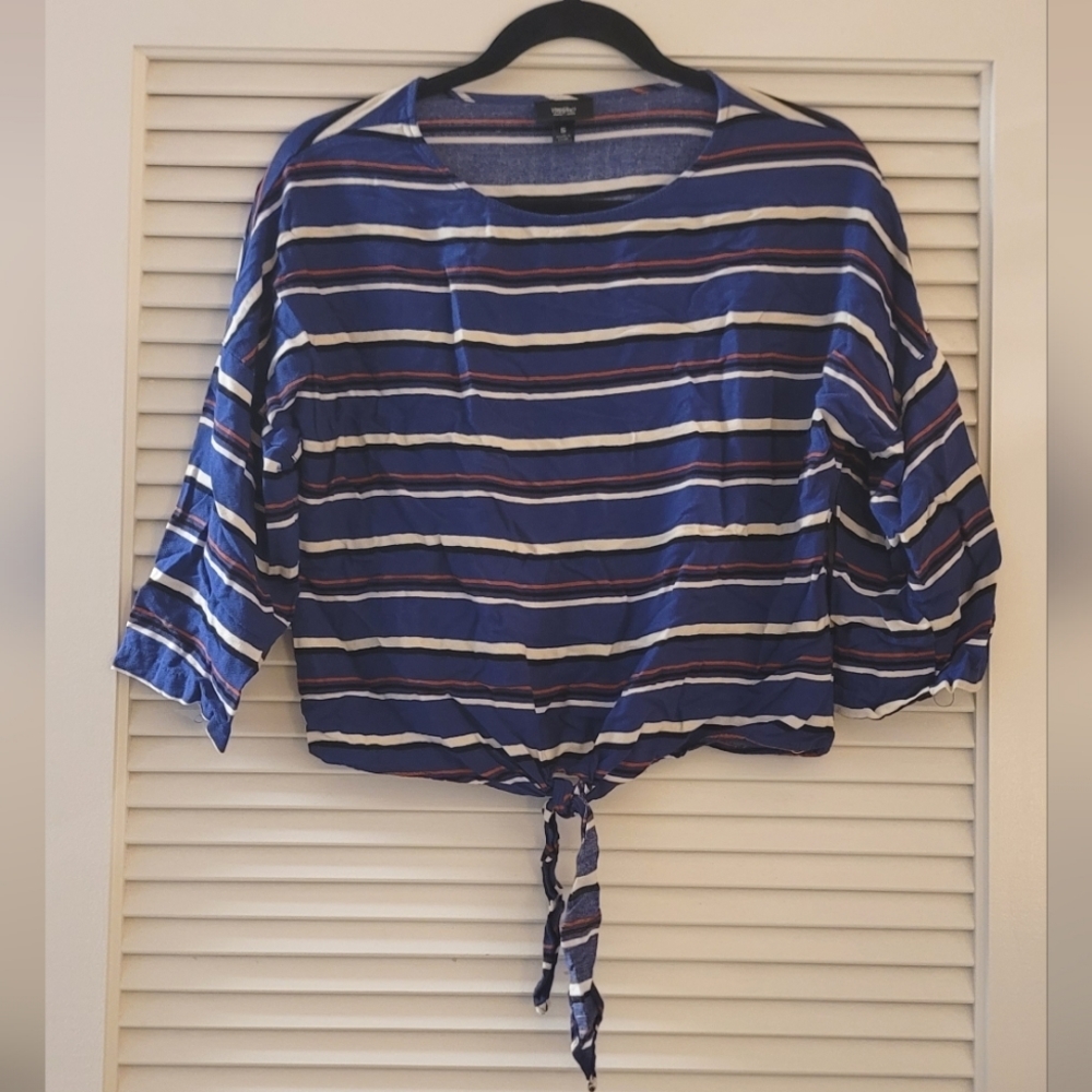 Mossimo - Blue/White/Black/Orange Striped Short-Sleeve Top With Tie